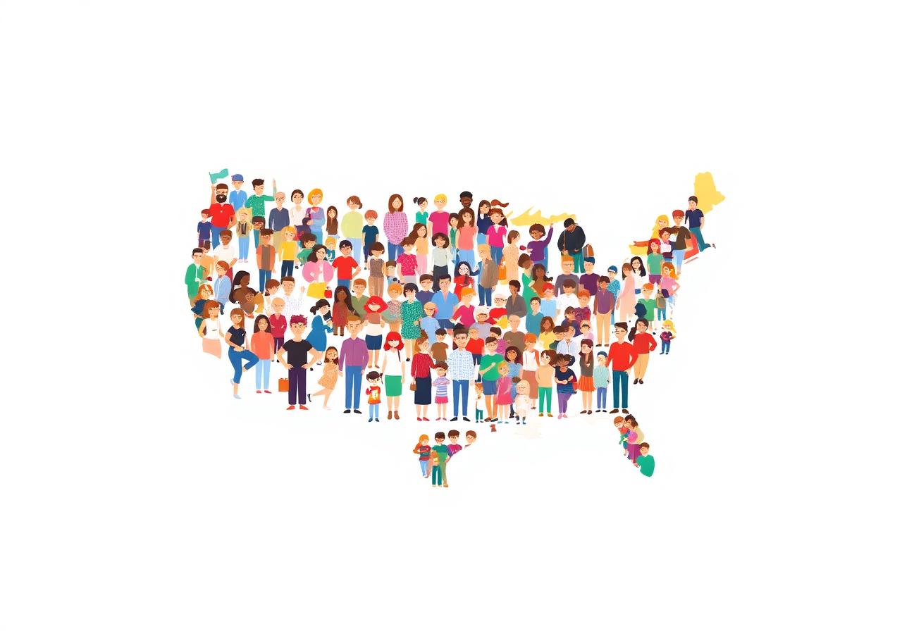 Illustrated map of the United States made of diverse people